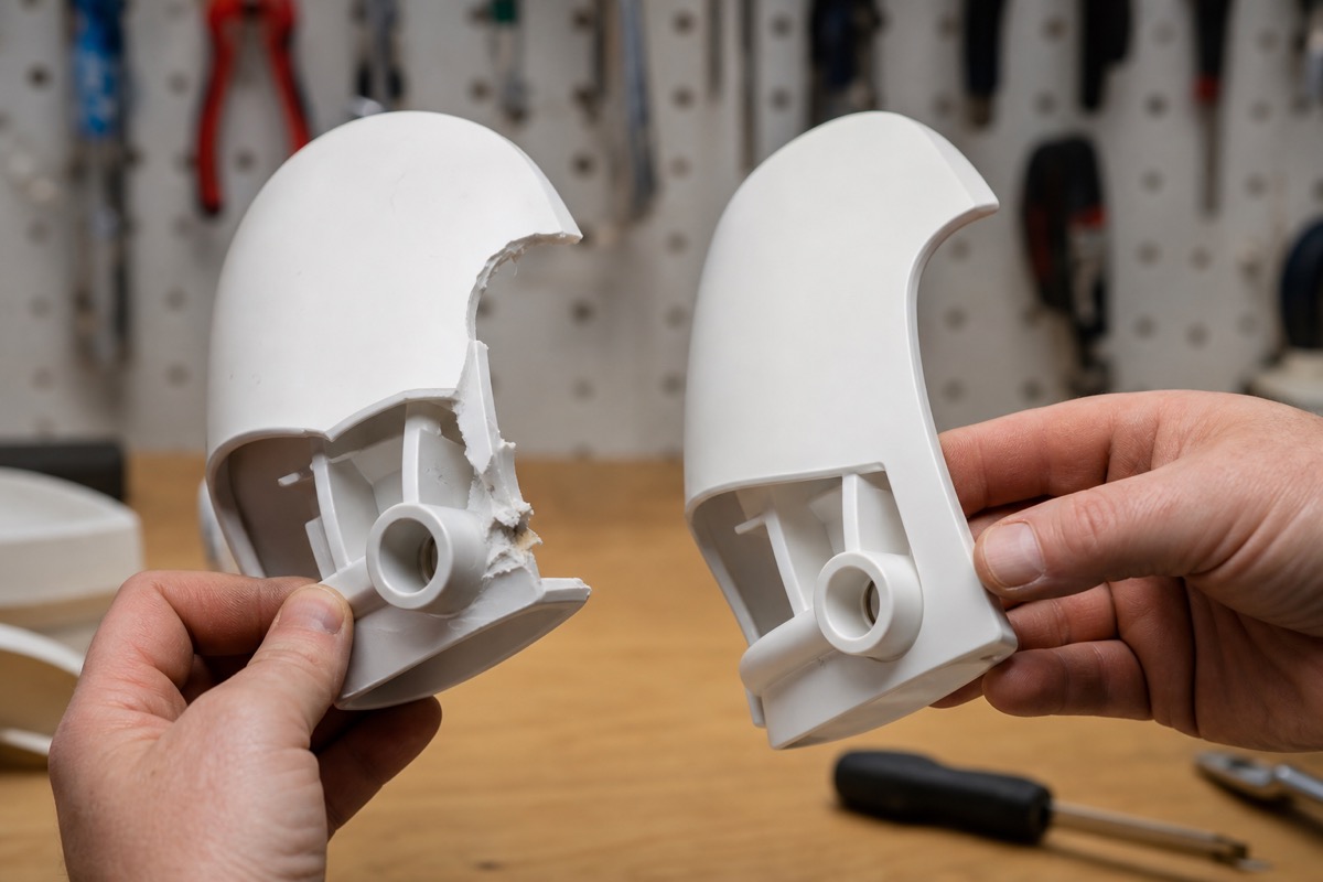 Pièce cassée et pièce reproduite par impression 3D — atelier NC Factory Antibes