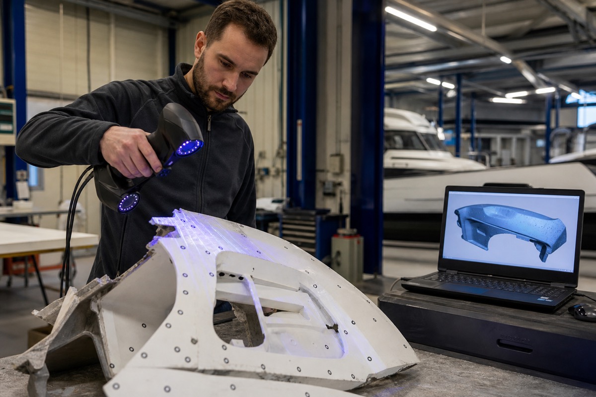 Scan 3D d'une pièce bateau en atelier